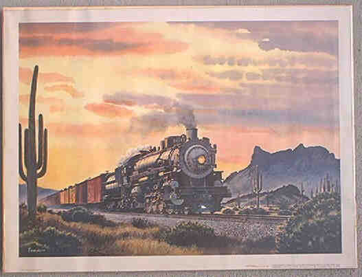 Print by Howard Fogg of Freight Train passing Picacho Peak Arizona